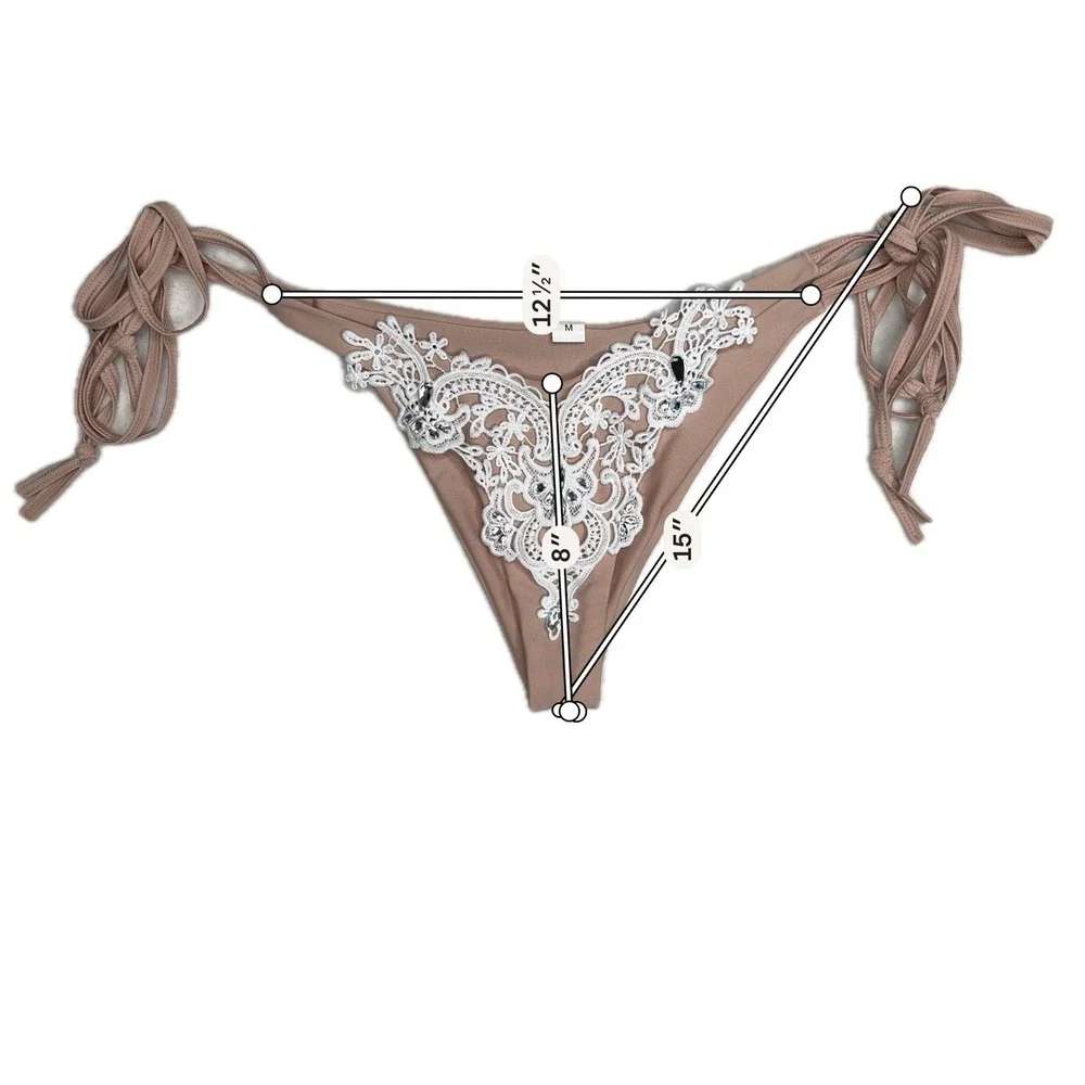 Size M Women's Nude White Lace Rhinestone Tie Side Bikini Swimsuit Set